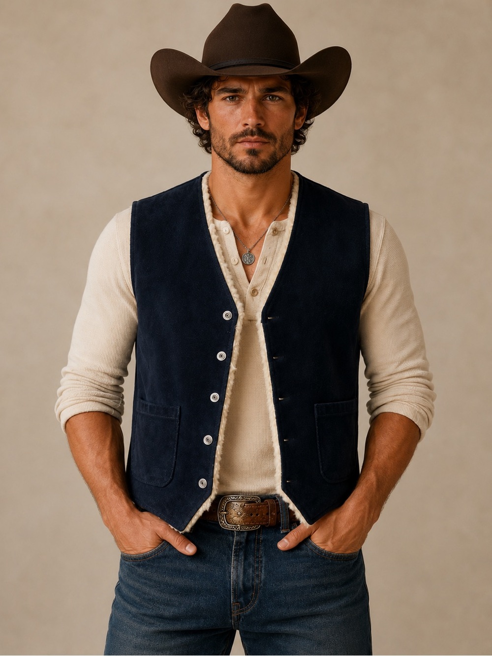 Vintage Navy Suede Sherpa-Trim Vest